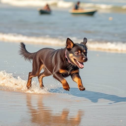 Fotografia de um cachorro correndo e brincando na praia