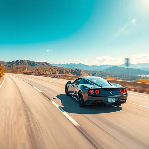 Fotografia de um carro esportivo em uma estrada panorâmica, transmitindo velocidade e liberdade.