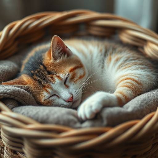 Fotografia de um gato dormindo em um cesto aconchegante, transmitindo paz e tranquilidade.