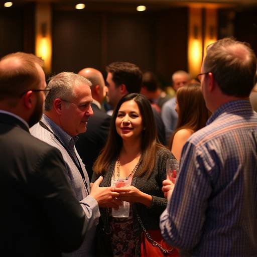 Fotografia de um grupo de pessoas interagindo e conversando em um evento de networking.