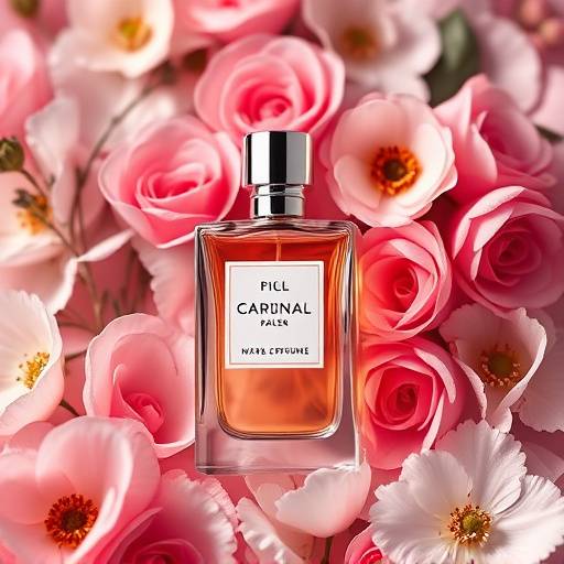 Fotografia de um perfume em um fundo floral, transmitindo elegância e sofisticação.