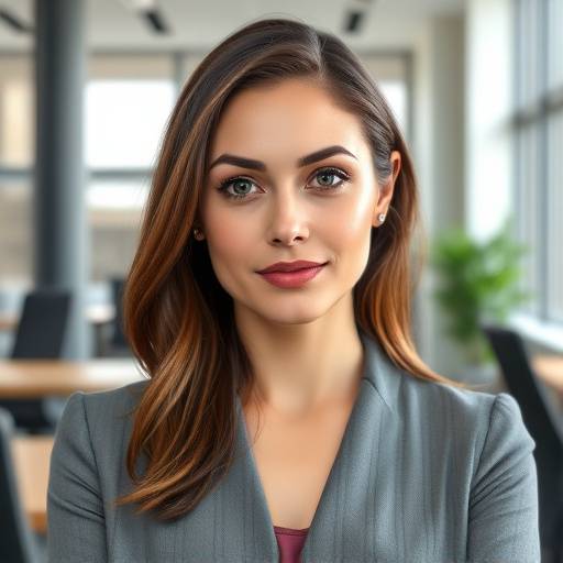 Retrato de uma mulher em um ambiente de escritório moderno, transmitindo profissionalismo e competência.